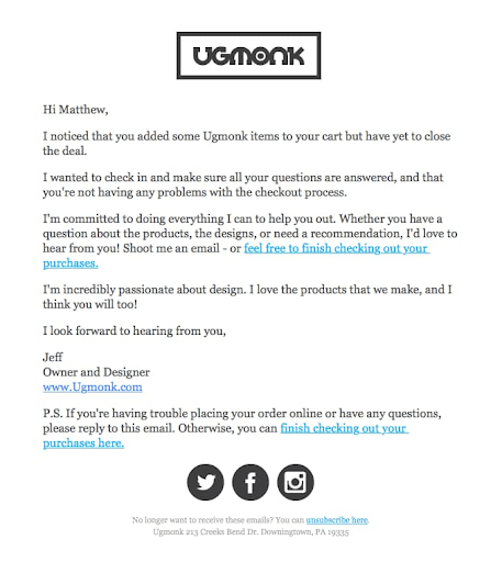 Cart abandonment email Ugmonk